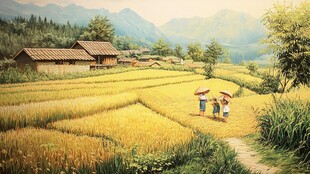 田园人家漫步金黄稻田