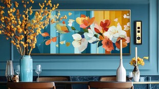 蓝色墙前的多彩花卉装饰画