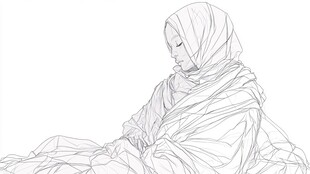 头戴头巾女性的线稿素描