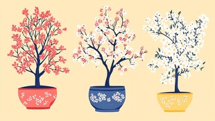 三盆繁花盆栽插画