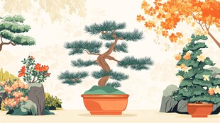 秋日庭院中的盆景与绿植