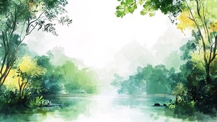 夏日河畔清新森林风光