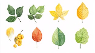 多样水彩树叶与果实插画