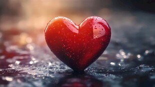 红心闪耀于湿润背景中