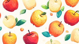 多彩苹果图案与绿叶装饰
