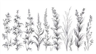 手绘草本植物花卉线稿图