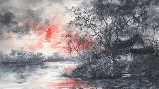 水墨湖畔黄昏景