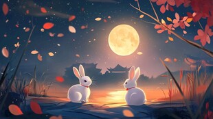 双兔赏月秋夜景