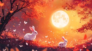 秋夜双兔伴月梦幻图景