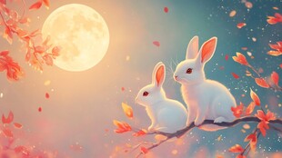 月下双兔赏景图