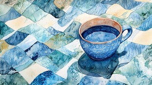 蓝色陶杯置于多彩几何图案上