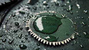 齿轮上的润滑油滴特写