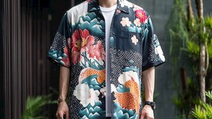 男士日式花卉锦鲤印花短袖