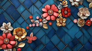 立体花卉装饰蓝色几何背景