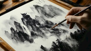 手绘山水墨画创作瞬间
