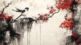 水墨枝头鹊 绽艳红花朵