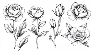 手绘牡丹花花卉线稿素材