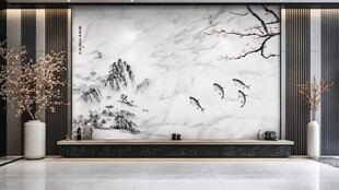 中式水墨风客厅山水背景墙