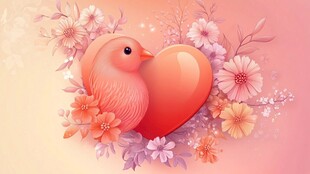 小鸟依偎爱心花朵图景