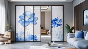 蓝莲中式风玻璃隔断客厅