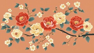 中式花卉图 艳丽花枝绽放