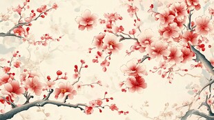 中式手绘盛开的烂漫桃花图