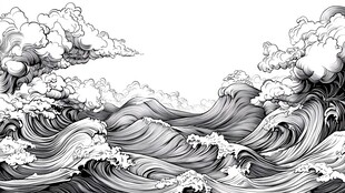 黑白海浪汹涌云间图景