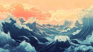 壮丽海上波涛与绚烂霞光
