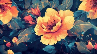 艳丽黄牡丹与绿叶图案