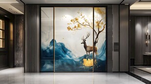 中式玄关处的鹿景艺术壁画
