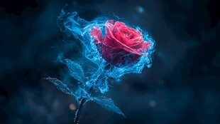 梦幻蓝焰环绕的娇艳红玫瑰