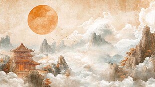 云海山间古亭映圆日