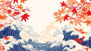 日式枫叶海浪传统风插画