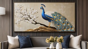 蓝孔雀栖于繁花枝头画作