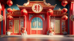 中式喜庆门头洋溢新春氛围