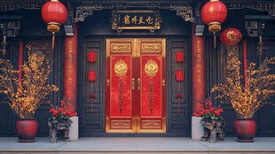 中式宅院大门喜庆氛围浓