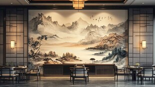 中式餐厅内的山水壁画景观