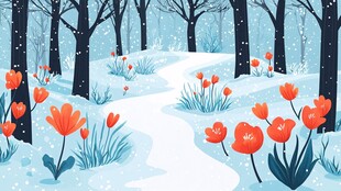 雪林中小径旁绽放的红花