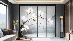 中式客厅玉兰花移门设计