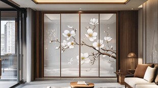 中式客厅玉兰花屏风美景