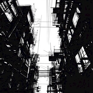 黑白楼宇间的电线交错