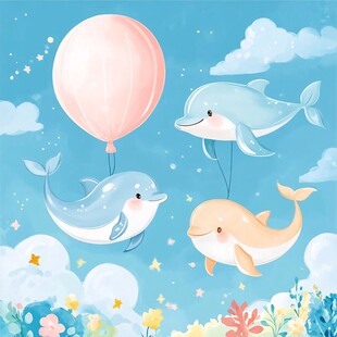 海豚乘气球的梦幻天空场景