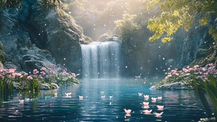 梦幻瀑布下的繁花碧水世界