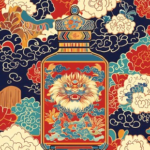 中式古风狮纹宝瓶插画