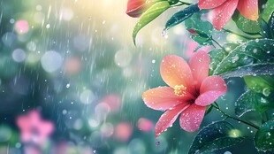 雨中绽放的娇艳粉色花朵