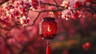 红灯笼映粉花春意浓