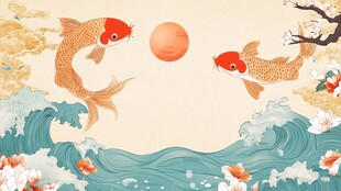 双鲤戏浪迎红日