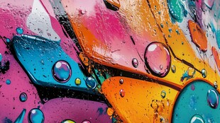 多彩涂鸦上的晶莹水珠