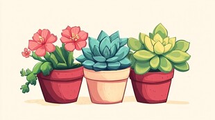 三盆可爱多肉植物插画