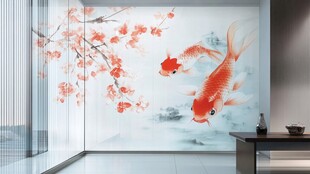 中式锦鲤梅花风墙面装饰